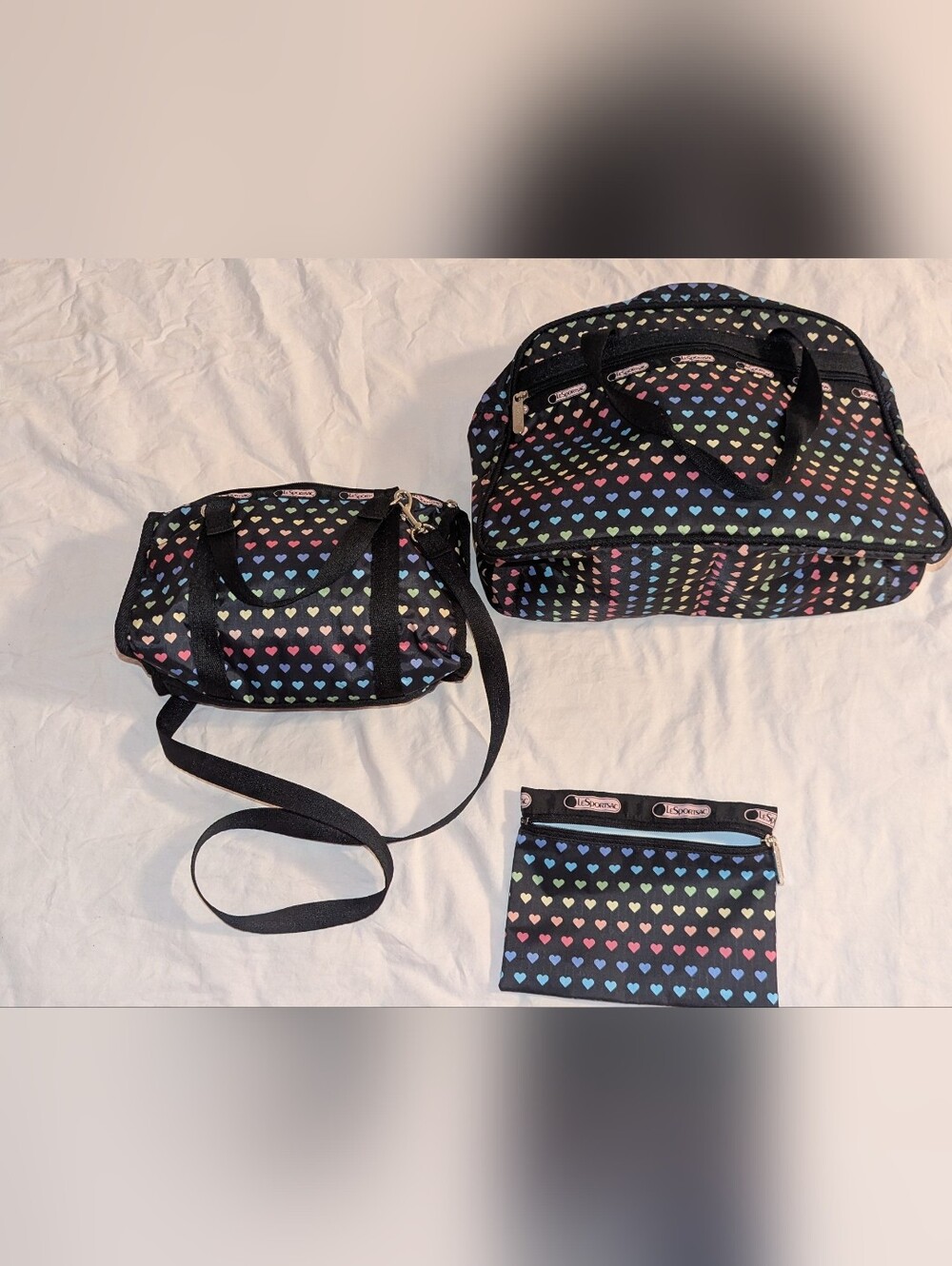 LeSportsac Bag Pouch Purse Heart Print Weekender Bag NWOT Lot 3